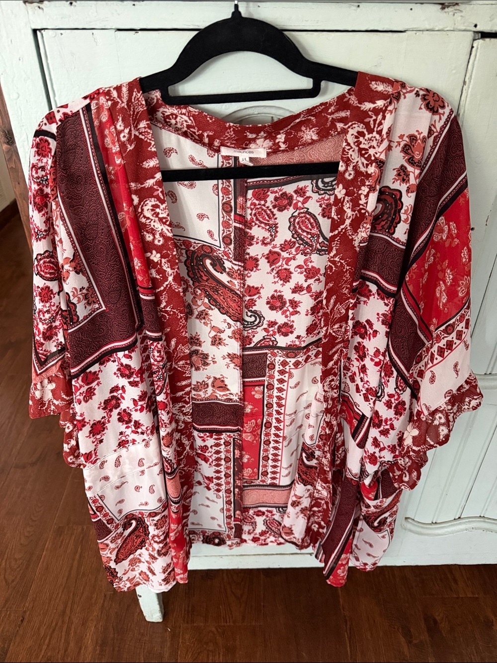 Maurices Red and White Patchwork Floral Kimono Tunic